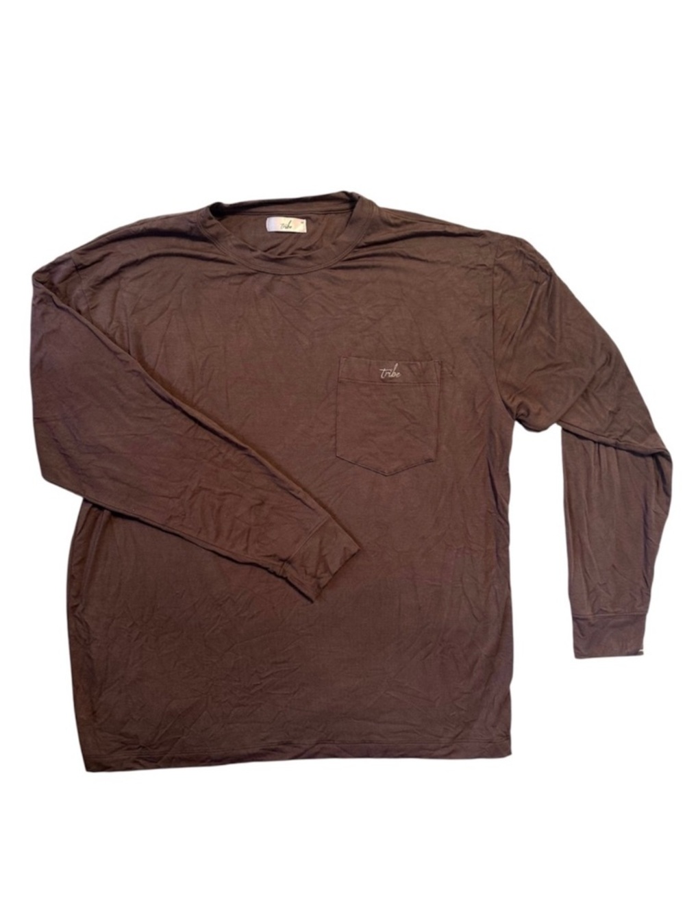 Tribe Modal Long Sleeve Brown Pocket Tee Oversized Buttery Soft Unisex‎ Size Med